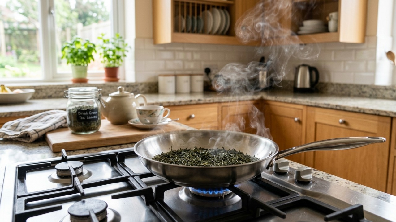 A queima controlada de folhas secas de chá verde purifica o ar da casa e espalha um perfume suave pelo ambiente. – Imagem gerada por IA