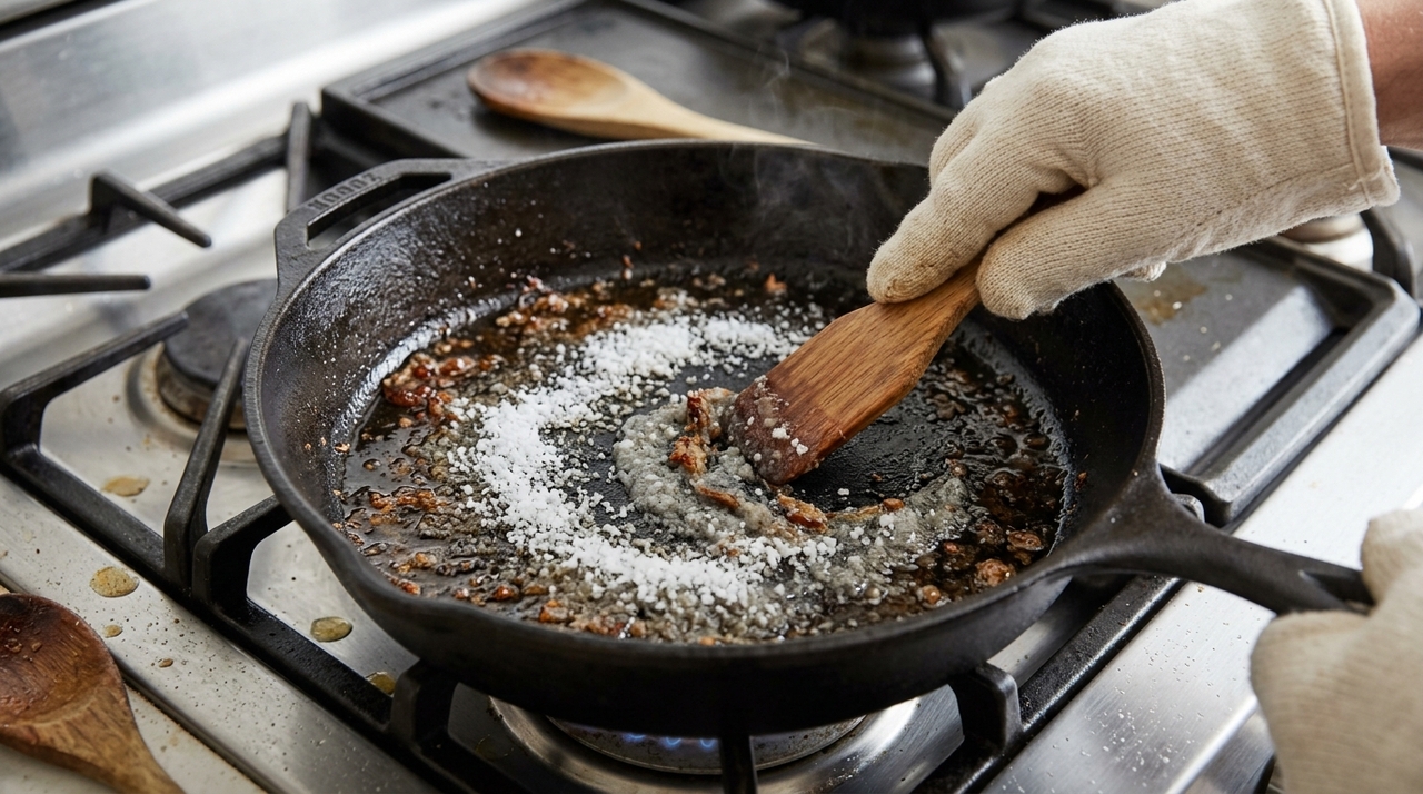 Pegue um pouco de sal grosso e despeje sobre a gordura da frigideira quente: esse truque simples merece uma medalha de ouro Quando o sal grosso entra em contato com a gordura ainda quente, seus grãos absorvem parte do óleo e funcionam como um abrasivo suave.
