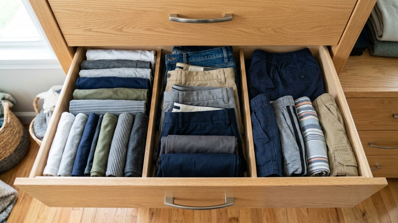O ato de dobrar as roupas manualmente funciona como uma demonstração de cuidado que prolonga a durabilidade dos tecidos. – Imagem gerada por IA