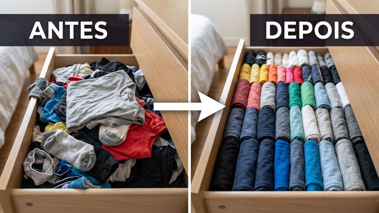 O método de dobras verticais permite visualizar todas as peças e mantém o closet livre de bagunça. – Imagem gerada por IA