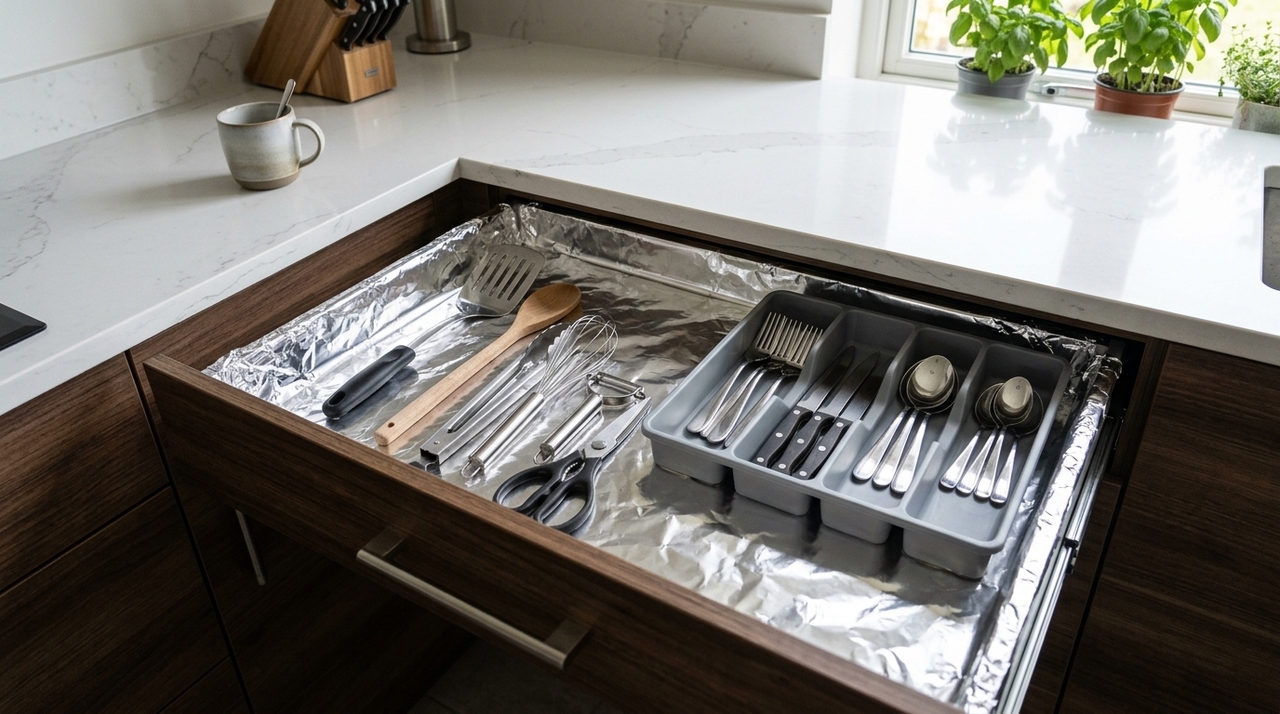 Guardar papel alumínio nas gavetas da cozinha: para que serve e por que milhares de pessoas fazem isso? A função principal do papel alumínio nas gavetas é criar uma camada de proteção sobre a superfície interna dos móveis.