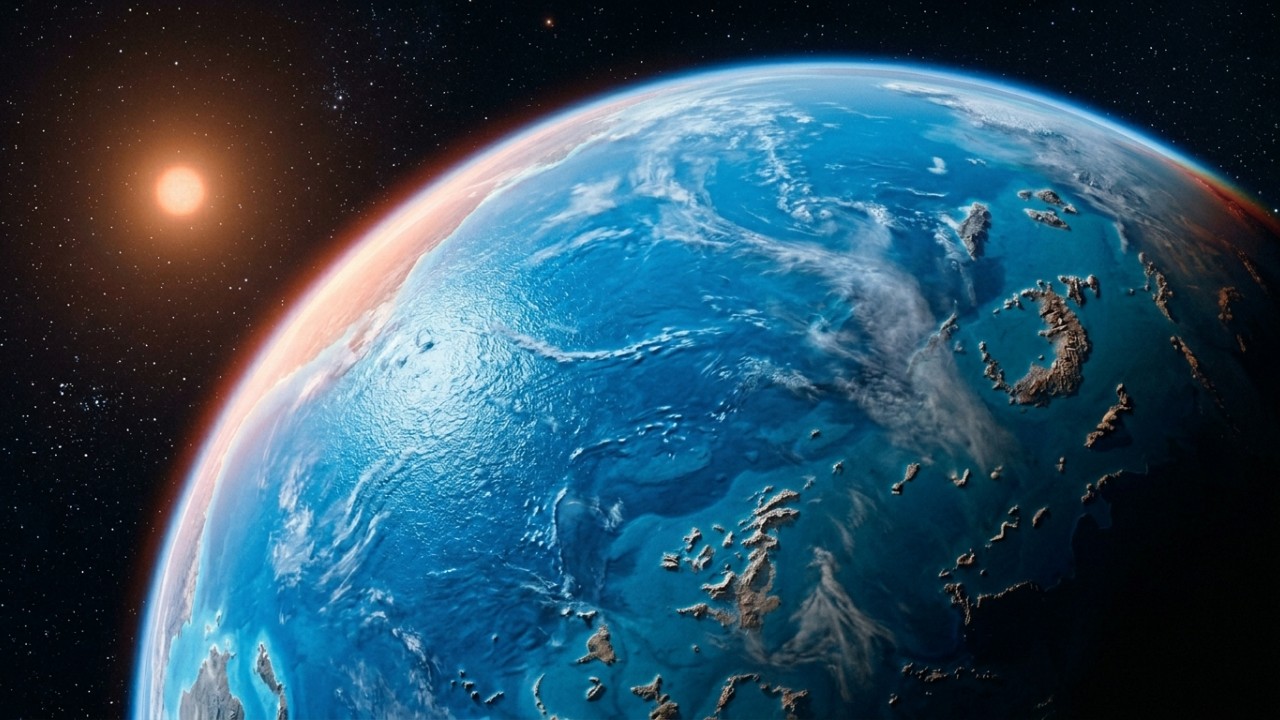 O telescópio James Webb será fundamental para analisar a atmosfera e confirmar a presença de oceanos profundos no exoplaneta. – Imagem gerada por IA
