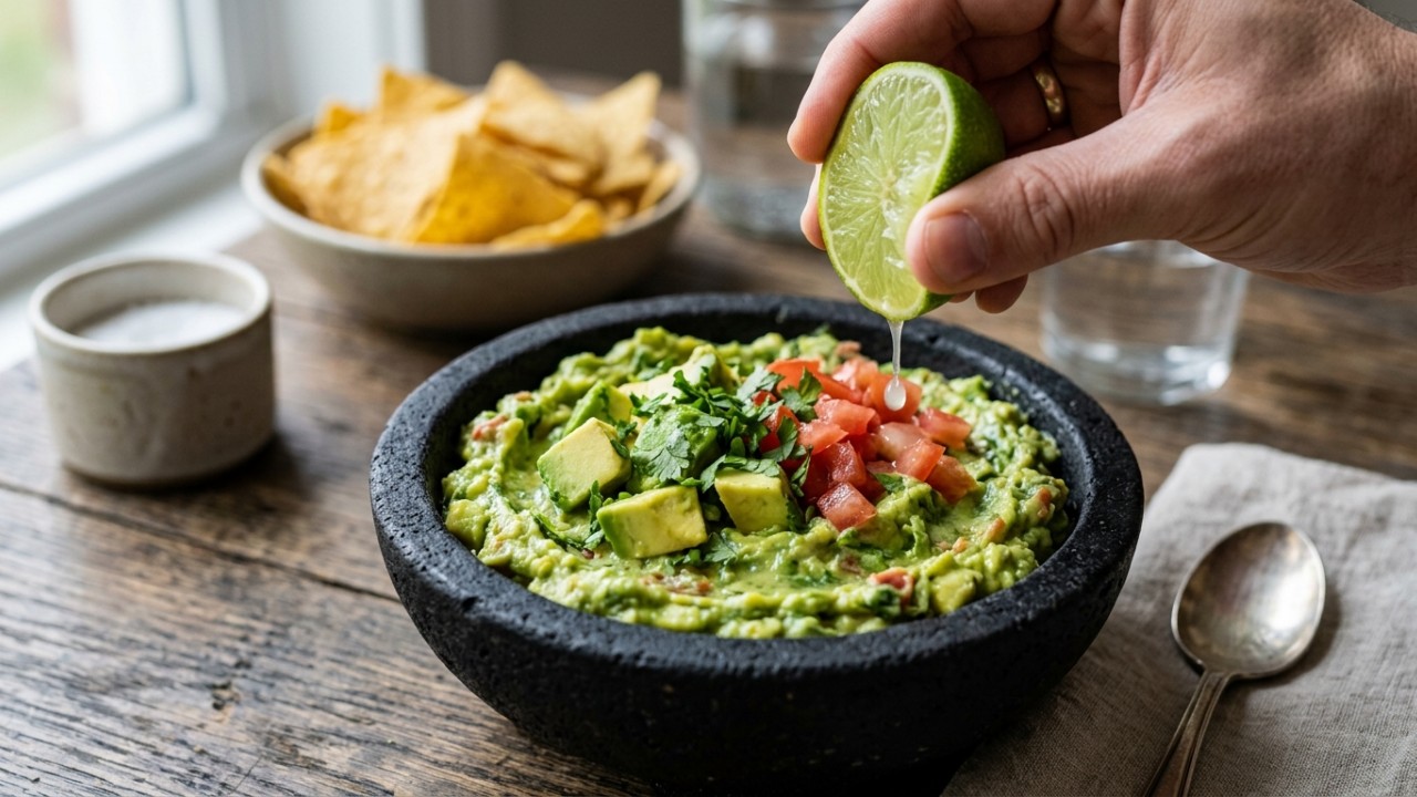 O limão equilibra a gordura natural do abacate e preserva a cor verde viva do guacamole tradicional. – Imagem gerada por IA