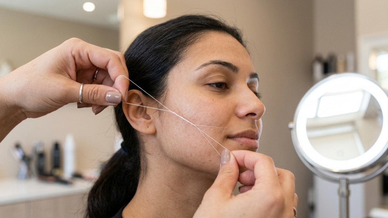 A depilação egípcia com linha de poliéster remove os pelos faciais pela raiz sem agredir a pele. – Imagem gerada por IA
