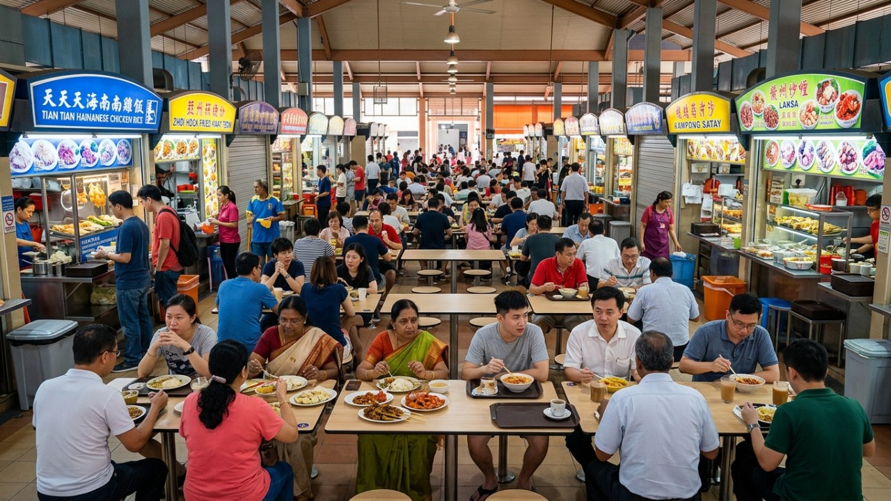 Os hawker centres funcionam como o verdadeiro coração de Singapura ao reunir diferentes etnias e gerações ao redor de mesas compartilhadas. – Imagem gerada por IA