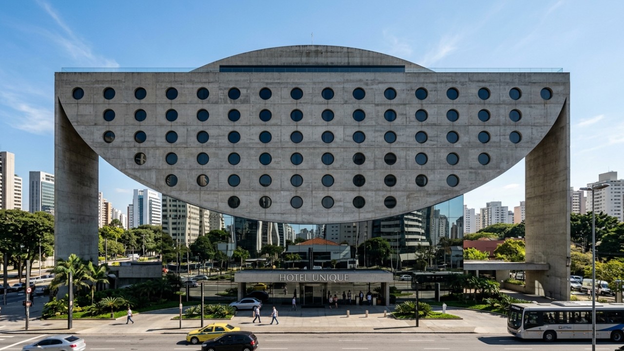 O design em arco invertido do Hotel Unique desafia a gravidade e redefine a paisagem urbana de São Paulo. – Imagem gerada por IA