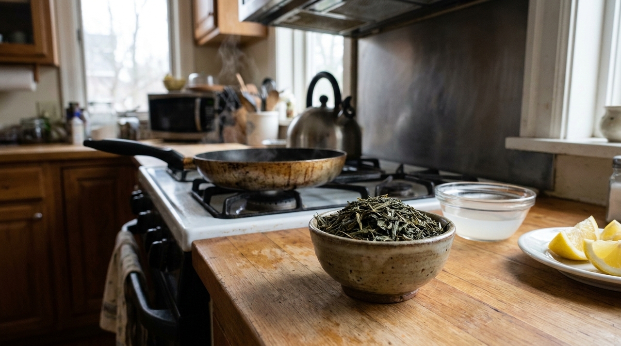 Nas casas mais limpas do Japão a cozinha não tem cheiro de gordura porque usam folhas de chá verde secas para neutralizar o ambiente