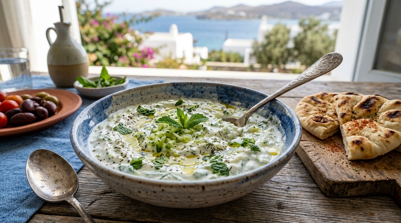 Os gregos concordam: “Para deixar o tzatziki mais cremoso e com sabor equilibrado, o segredo é escorrer bem o pepino antes de misturar ao iogurte.” imagem 1781286334 fndgyq