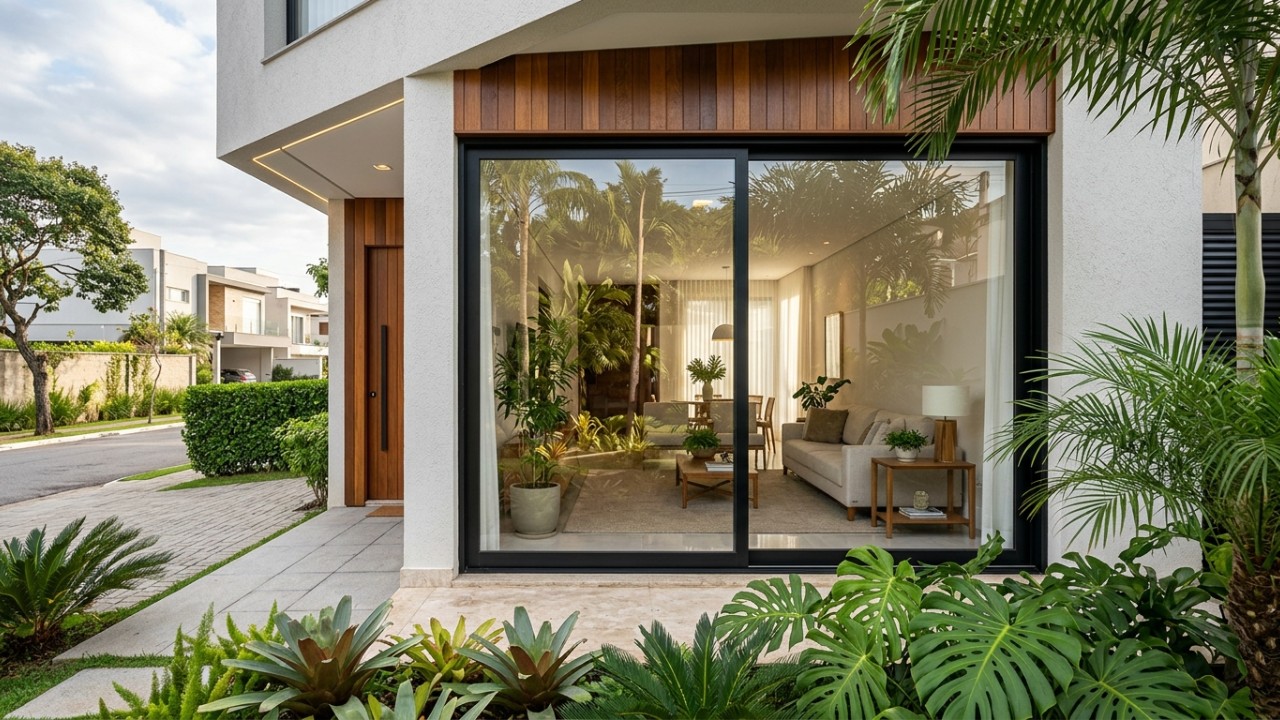 O vidro laminado surge como uma alternativa inovadora que protege contra intrusões sem comprometer o design limpo da fachada. – Imagem gerada por IA