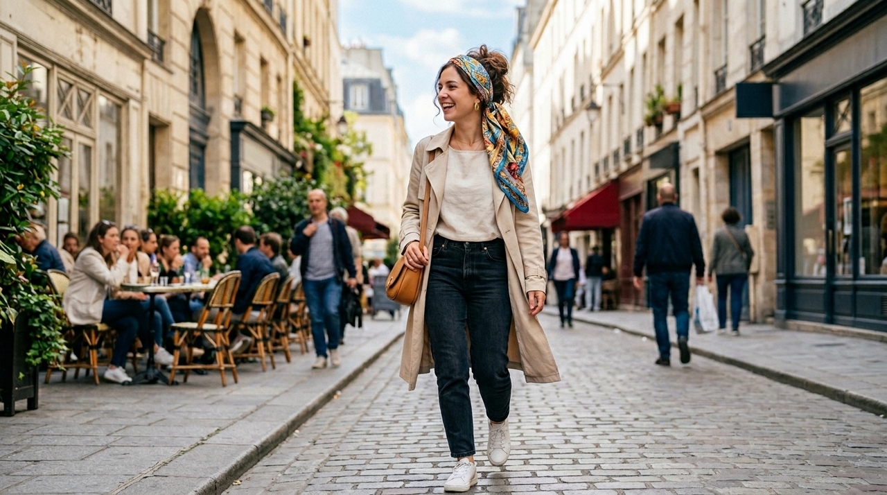 Uma das maneiras mais populares de adotar o lenço no look é incorporá-lo ao penteado.
