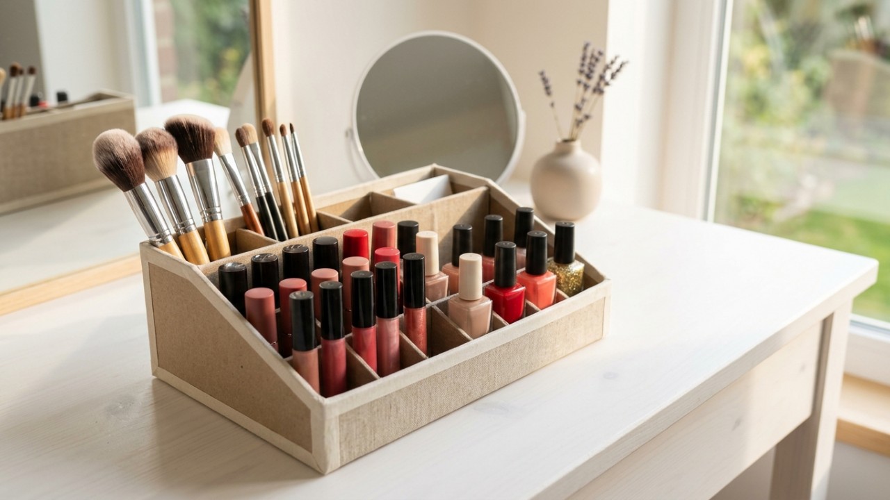 A técnica coreana de upcycling transforma papelão descartado em organizadores elegantes e sob medida para os seus cosméticos. – Imagem gerada por IA