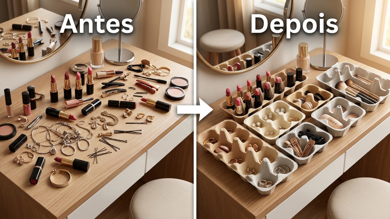 A estética coreana aplicada ao reaproveitamento de materiais cria uma bancada de maquiagem minimalista e livre de bagunça. – Imagem gerada por IA