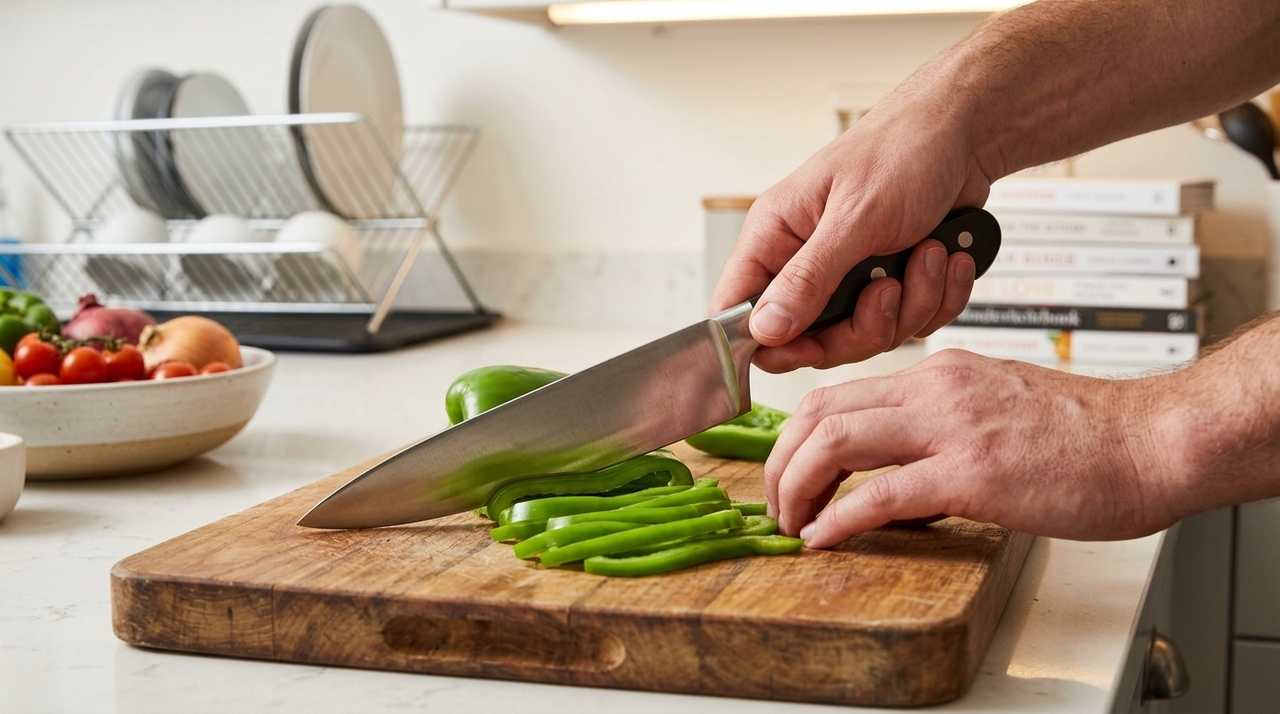 A chamada pegada de chef, ou “pinça na lâmina”, é a técnica mais comum em cozinhas profissionais.