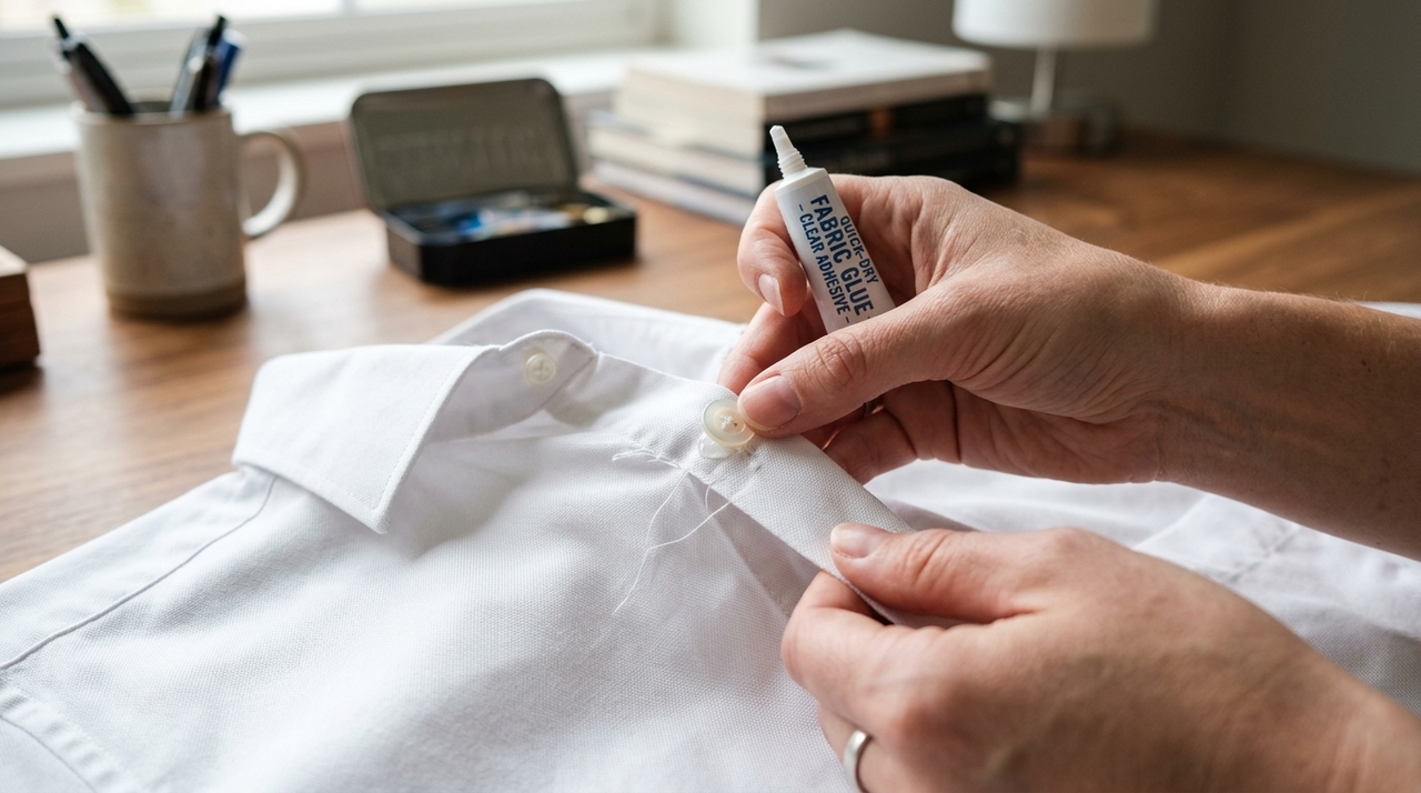 O método sem costura para recolocar botão de camisa usa materiais adesivos ou de pressão que substituem o papel tradicional da linha.
