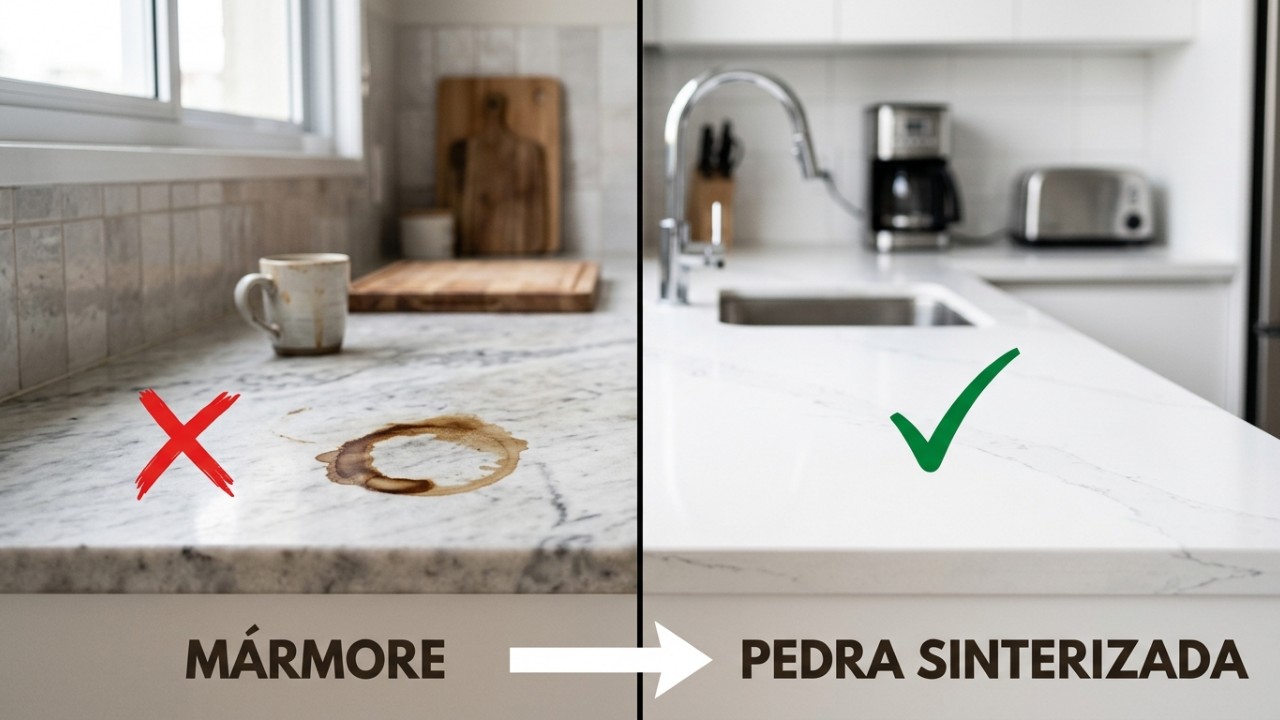 A engenharia avançada da pedra sinterizada garante total impermeabilidade e durabilidade para facilitar a rotina na cozinha. – Imagem gerada por IA