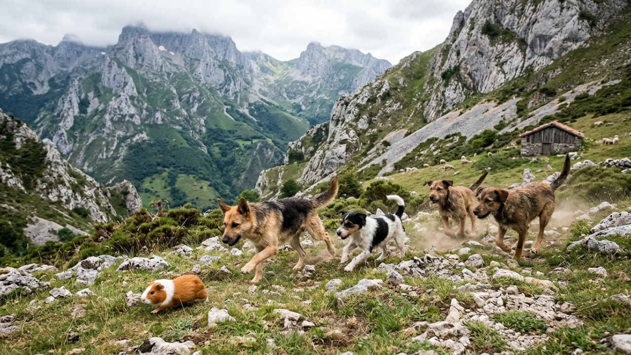Cães asilvestrados ocupam o topo da cadeia alimentar nas montanhas da Astúrias após o sumiço dos lobos ibéricos. – Imagem gerada por IA