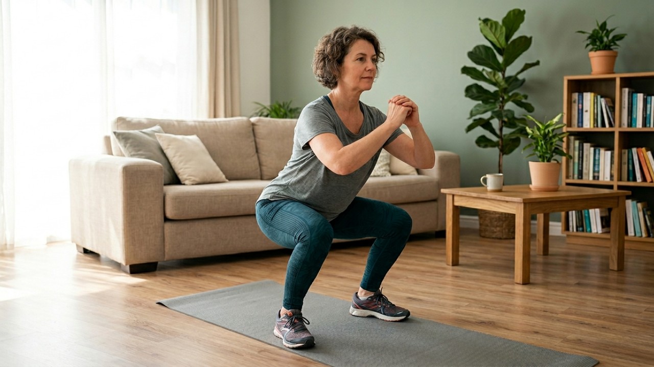 Exercitar o corpo de forma constante no ambiente doméstico combate a perda de massa magra e preserva a autonomia física. – Imagem gerada por IA