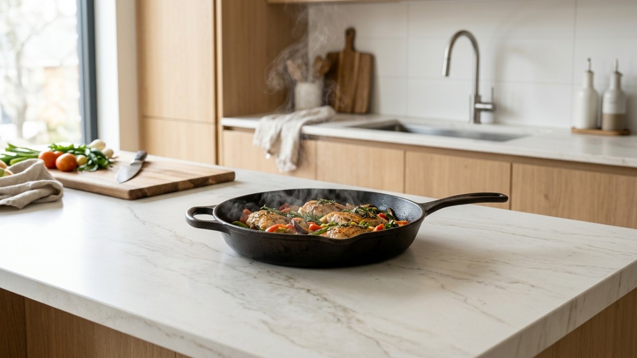 Balcão de cozinha de mármore está fora de linha: a nova opção mais leve, fácil de limpar e que não mancha com o uso Este material moderno substitui o mármore com alta resistência a manchas e riscos. – Imagem gerada por IA