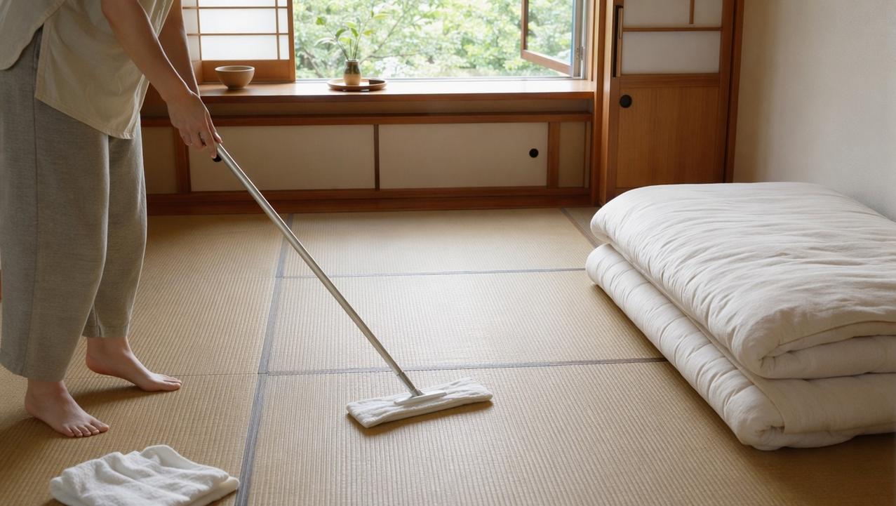 Nas casas japonesas tradicionais quase não há poeira, porque a limpeza não é feita apenas uma vez por semana, mas sim diariamente, com pequenos rituais caseiros Futon guardado e piso livre facilitam a limpeza rápida todos os dias.