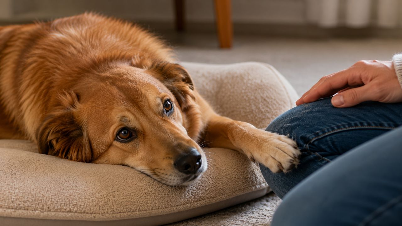 O suspiro do cão indica que ele aceitou que não vai passear ou brincar agora e resolveu descansar.