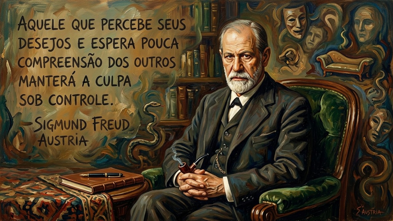 Sigmund Freud, neurologista austríaco: “Aquele que percebe seus desejos e espera pouco da compreensão dos outros manterá a culpa à distância.” Entender os conflitos internos com a psicanálise ajuda a reduzir a autocobrança e a viver com mais leveza. – Imagem gerada por IA