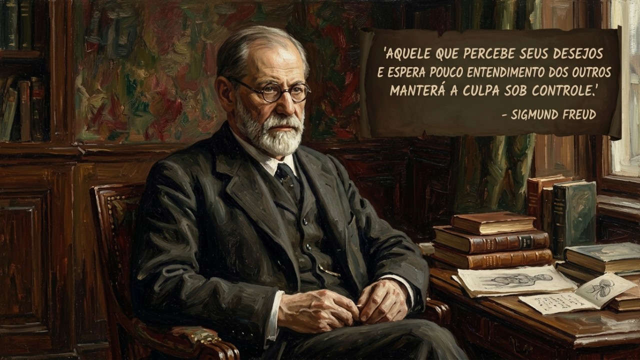 Sigmund Freud, neurologista austríaco: “Aquele que percebe seus desejos e espera pouco da compreensão dos outros manterá a culpa à distância.” A culpa diária pode ser um mecanismo de defesa que oculta seus verdadeiros desejos reprimidos. – Imagem gerada por IA