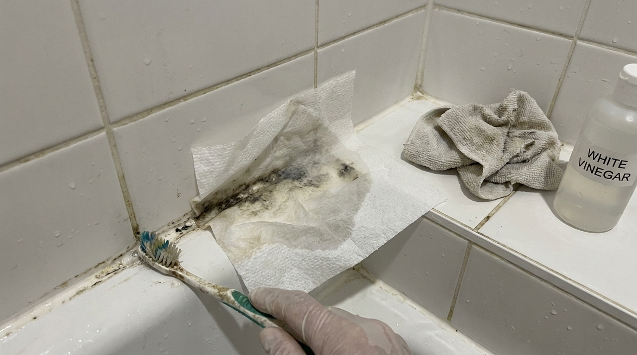 O mofo será removido do selante de silicone se este for pulverizado com um utensílio de cozinha O vinagre branco tem acidez suficiente para ajudar a quebrar resíduos de sabão e sujeira orgânica que alimentam o mofo.