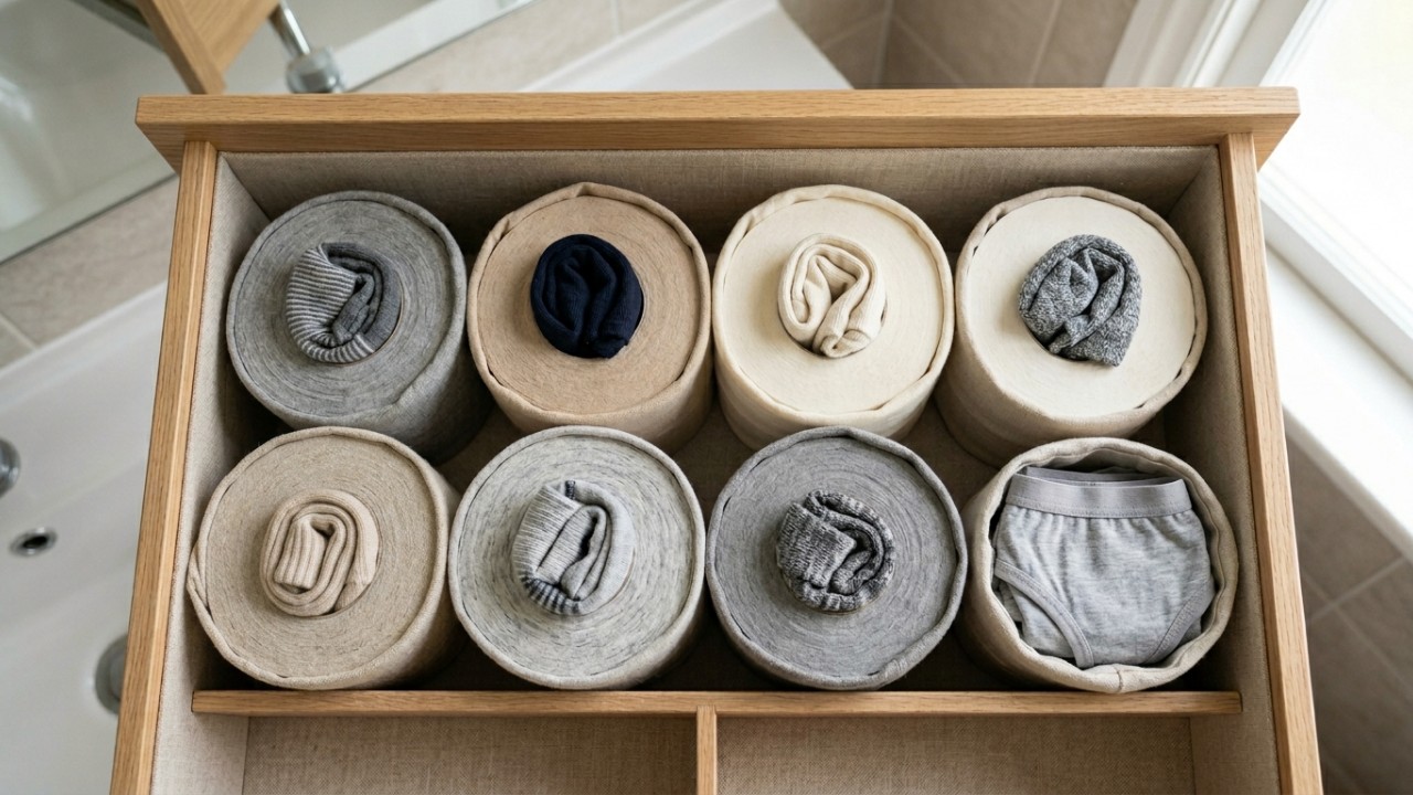 Transforme rolos de papelão em organizadores práticos e sustentáveis para suas gavetas. – Imagem gerada por IA