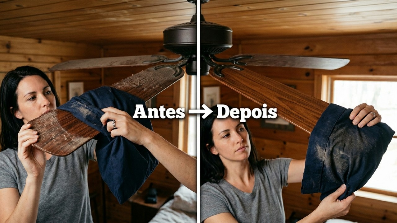 Envolver a pá do ventilador de teto com uma fronha impede que a poeira se espalhe pelo ambiente durante a higienização. – Imagem gerada por IA
