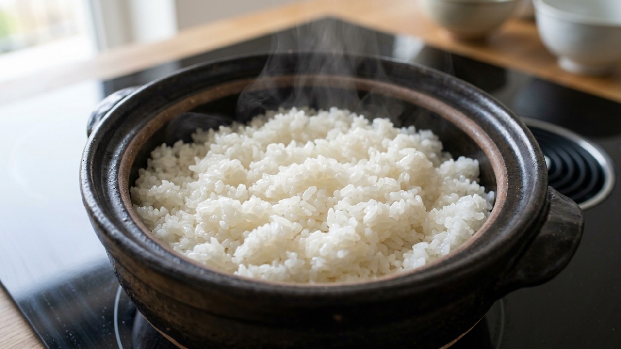 O segredo do arroz oriental macio e cozido uniformemente começa na etapa essencial do demolho dos grãos. – Imagem gerada por IA