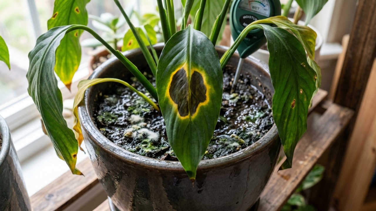 O lírio da paz é uma espécie ornamental que purifica o ar e exige cuidados simples com iluminação e rega para florescer abundantemente. – Imagem gerada por IA