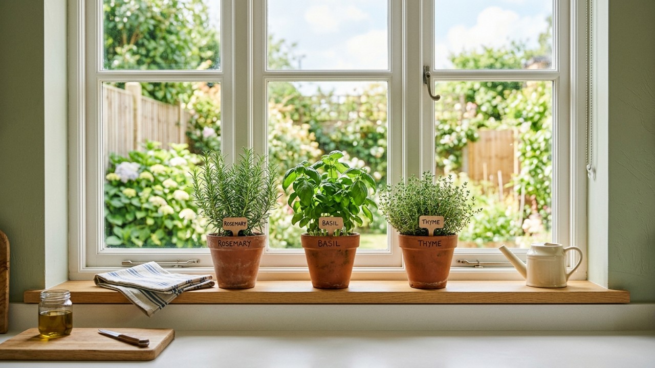 Cultivar plantas aromáticas na cozinha neutraliza os odores de forma natural e renova o oxigênio do ambiente. – Imagem gerada por IA