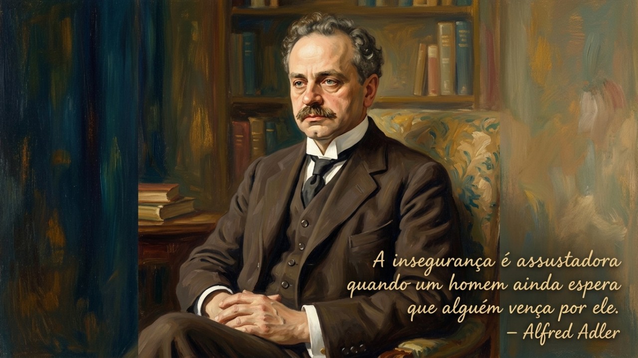 Alfred Adler, psicólogo austríaco: “A insegurança assusta quando o homem ainda espera que alguém vença por ele.” Assumir a autoria da própria jornada é o caminho essencial para superar a insegurança e construir uma vida com propósito. – Imagem gerada por IA