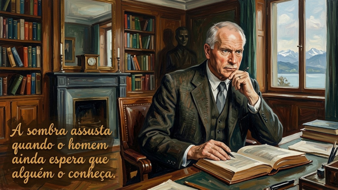 Carl Jung, psiquiatra suíço: “A sombra assusta quando o homem ainda espera que alguém se conheça por ele.” Encarar a própria sombra é um passo fundamental para o amadurecimento e a evolução pessoal. – Imagem gerada por IA