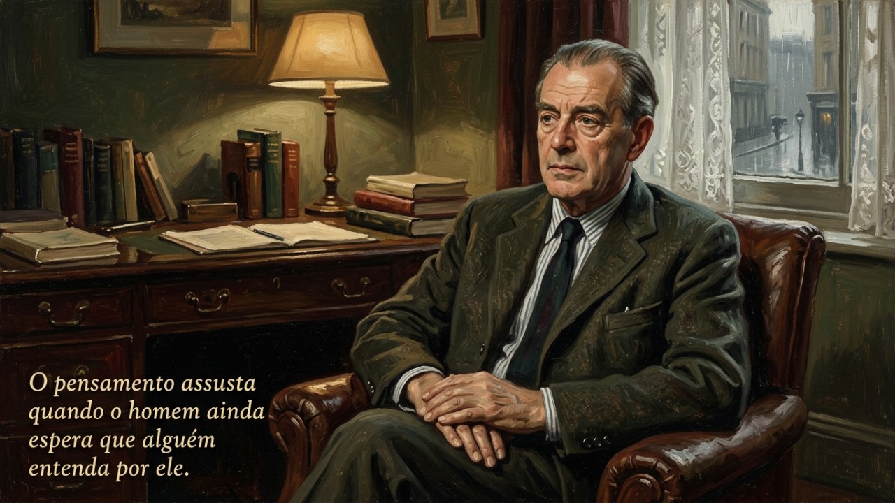 Wilfred Bion, psicanalista e médico britânico: “O pensamento assusta quando o homem ainda espera que alguém compreenda por ele.” O autoconhecimento exige coragem para abandonar ilusões e assumir a responsabilidade pelo próprio pensamento. – Imagem gerada por IA