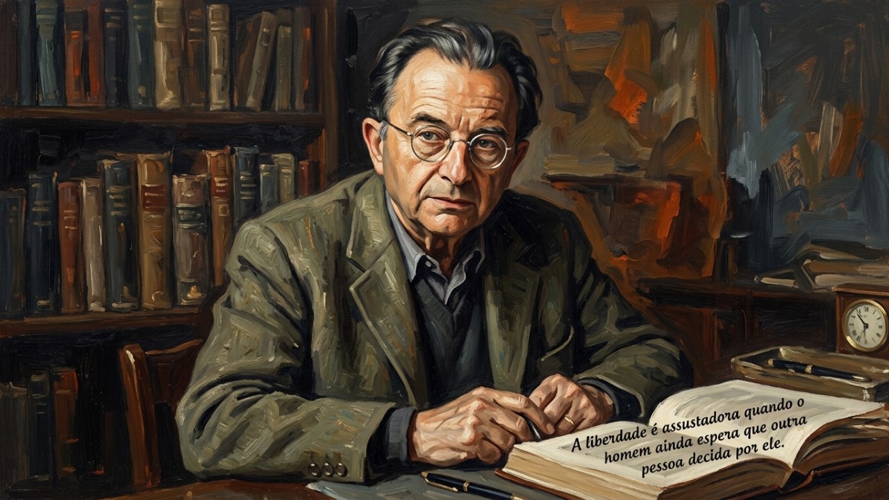 Erich Fromm, psicanalista alemão: “A liberdade assusta quando o homem ainda espera que alguém decida por ele.” O medo da liberdade na vida adulta revela nossa dificuldade em abandonar a necessidade de aprovação externa. – Imagem gerada por IA
