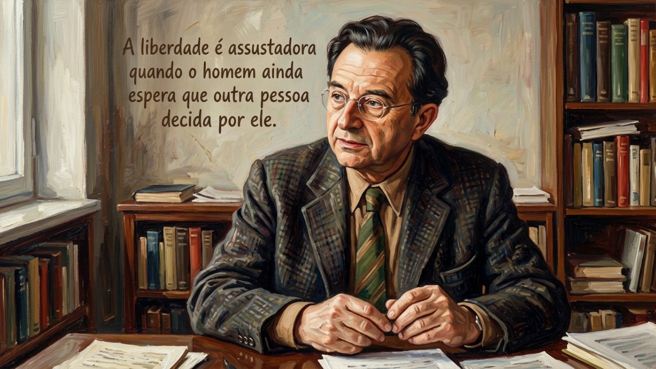 Erich Fromm, psicanalista alemão: “A liberdade assusta quando o homem ainda espera que alguém decida por ele.” A busca pela autonomia pessoal exige coragem para assumir a responsabilidade pelas próprias escolhas. – Imagem gerada por IA