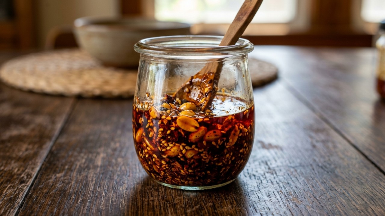 O molho que antes era mexicano agora vem para o Brasil trazendo picância para os encontros e sabor para sua mesa A autêntica salsa macha combina a picância das pimentas desidratadas com a crocância dos amendoins em uma infusão rústica de óleo. – Imagem gerada por IA