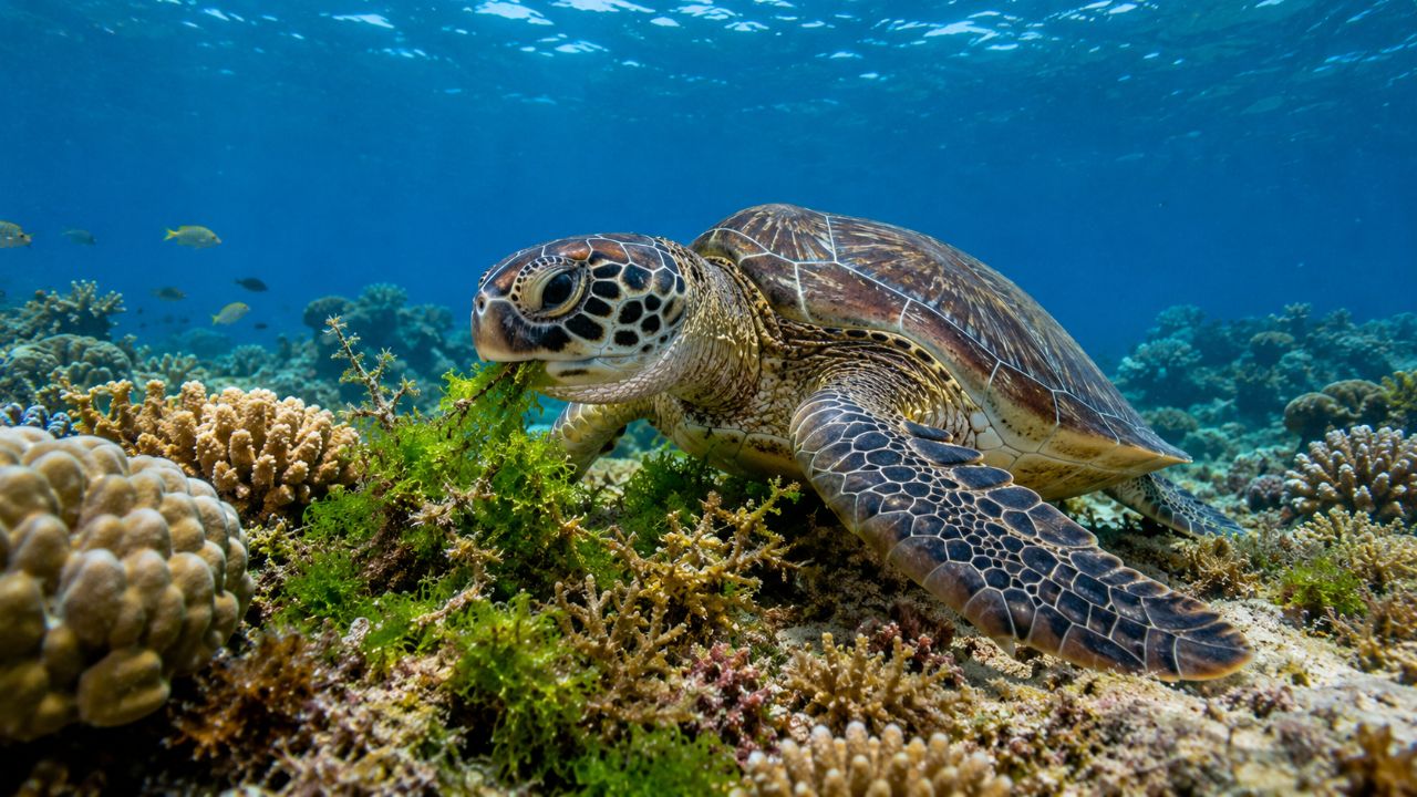 Proteger tartarugas marinhas ajuda a controlar algas invasoras e a preservar a saúde dos recifes.