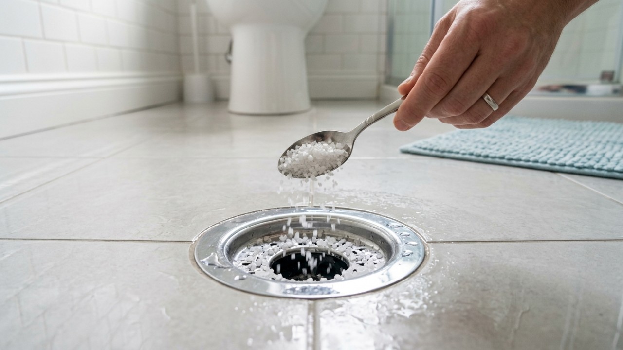 A aplicação semanal de sal grosso nos ralos e no vaso sanitário elimina os maus odores do encanamento de forma simples e econômica. – Imagem gerada por IA