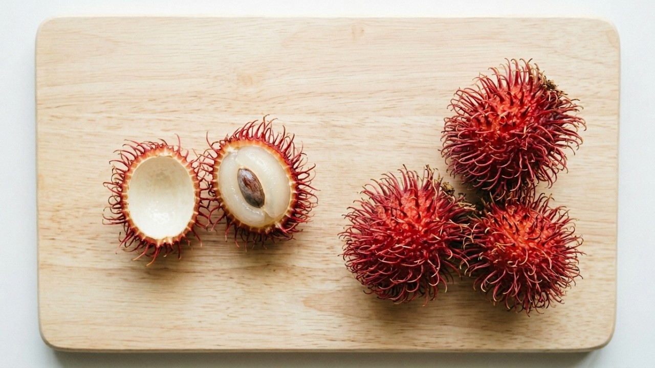 Inove no cardápio diário com o sabor adocicado e a aparência exótica do rambutã em suas preparações. – Imagem gerada por IA