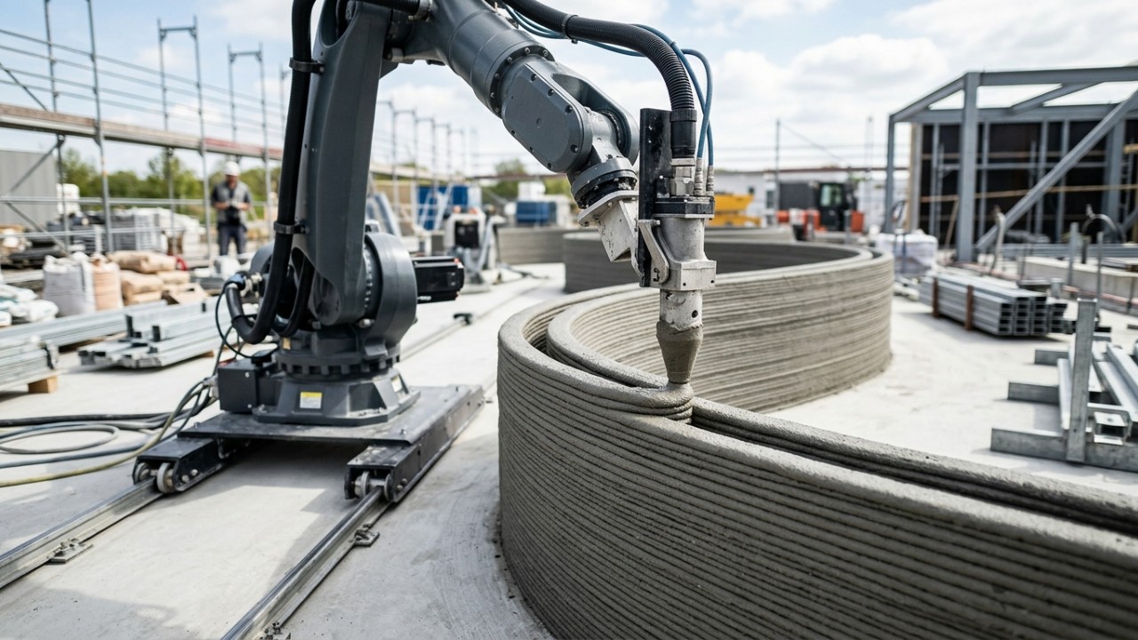 A utilização de robôs e materiais ecoeficientes diminui o impacto ambiental e melhora a segurança ergonômica dos trabalhadores na construção civil. – Imagem gerada por IA