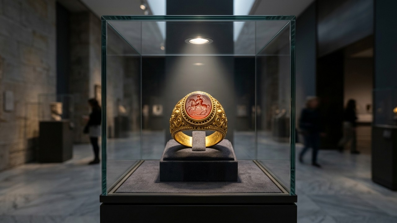 Descoberto em Somerset, o raro anel de ouro do período imperial romano revela detalhes minuciosos sobre a ocupação antiga na Grã-Bretanha. – Imagem gerada por IA