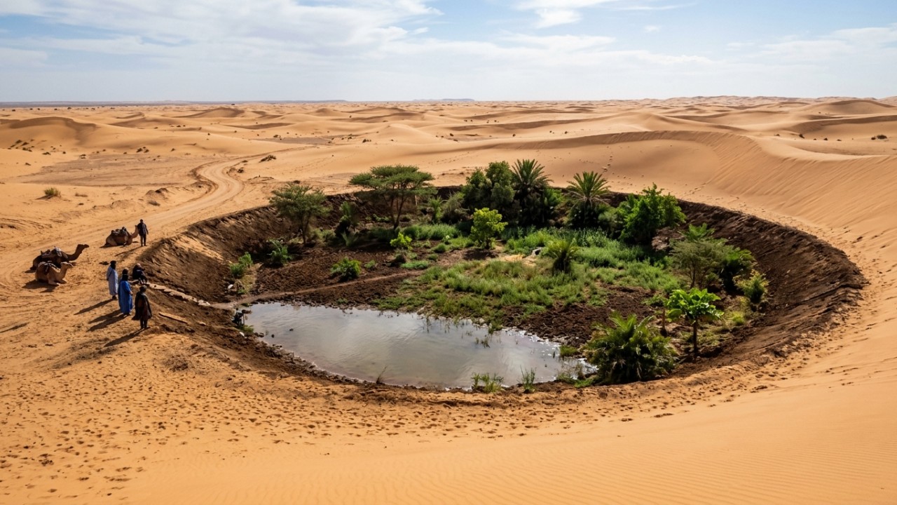 A geometria das meias-luas revoluciona a retenção de água e supera as falhas das estratégias biológicas no deserto do Saara. – Imagem gerada por IA