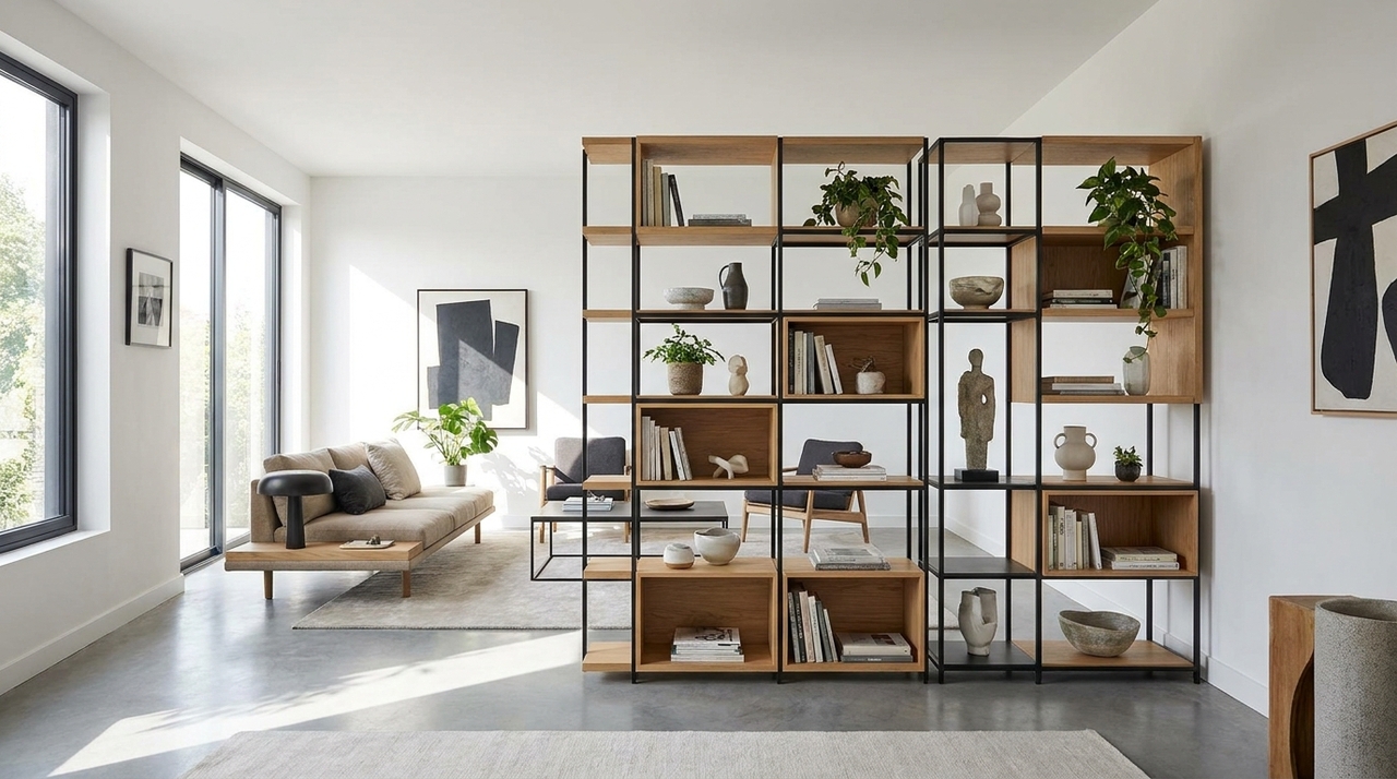 Ao contrário da estante encostada na parede, de formato previsível, a estante moderna vazada e modular é pensada para se adaptar ao modo de vida.