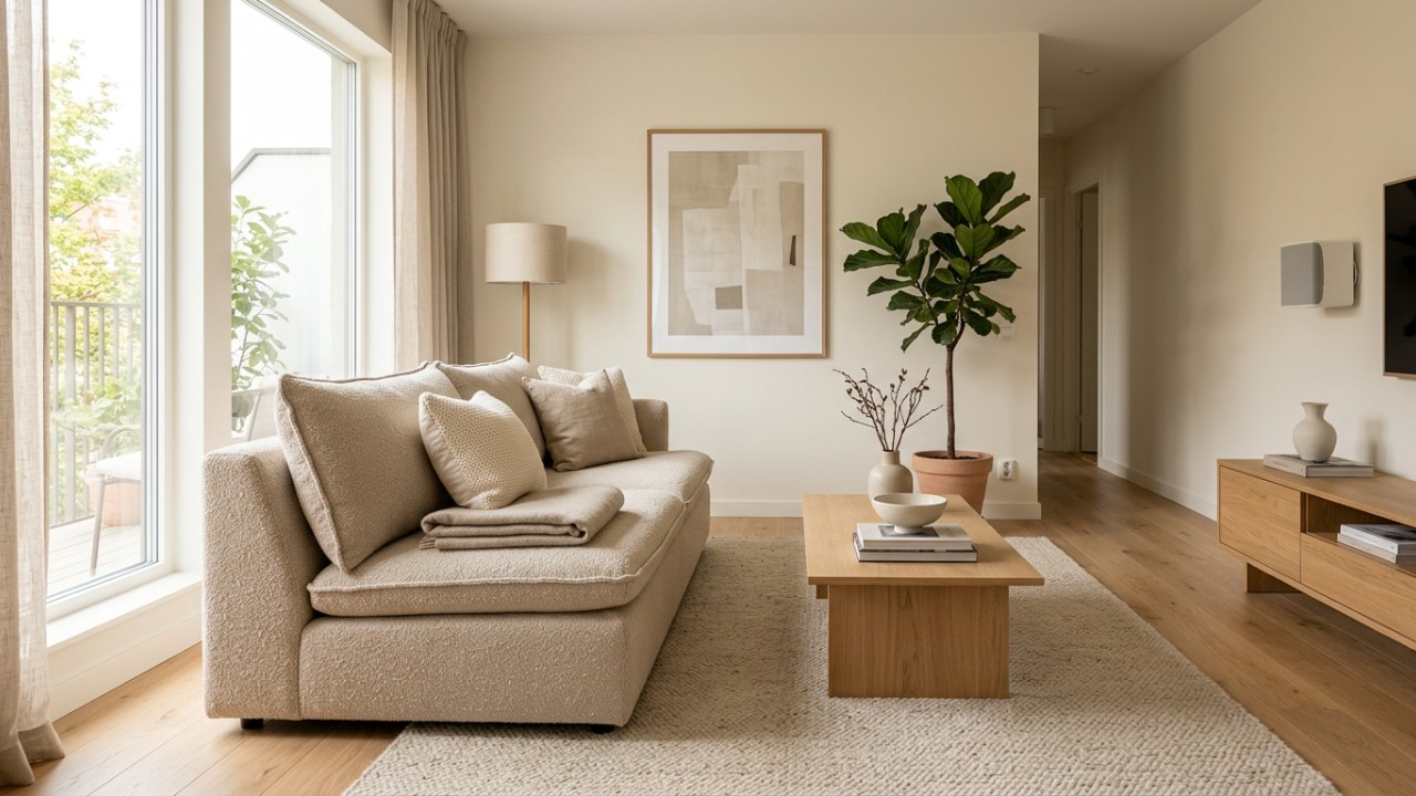 O minimalismo acolhedor transforma a sala de estar em um refúgio sereno por meio de texturas ricas e móveis com almofadas estruturais fixas. – Imagem gerada por IA