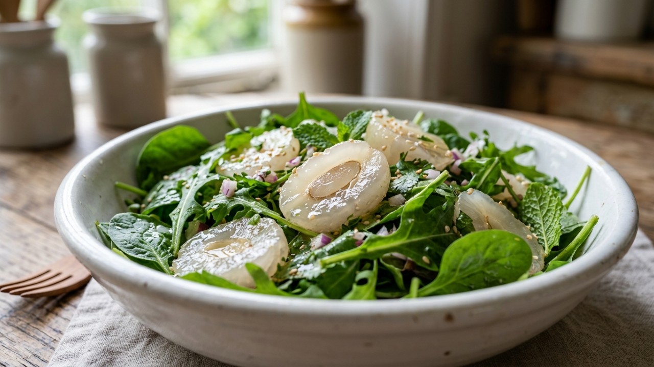 O rambutã é a escolha ideal para transformar saladas simples em pratos sofisticados e visualmente encantadores. – Imagem gerada por IA