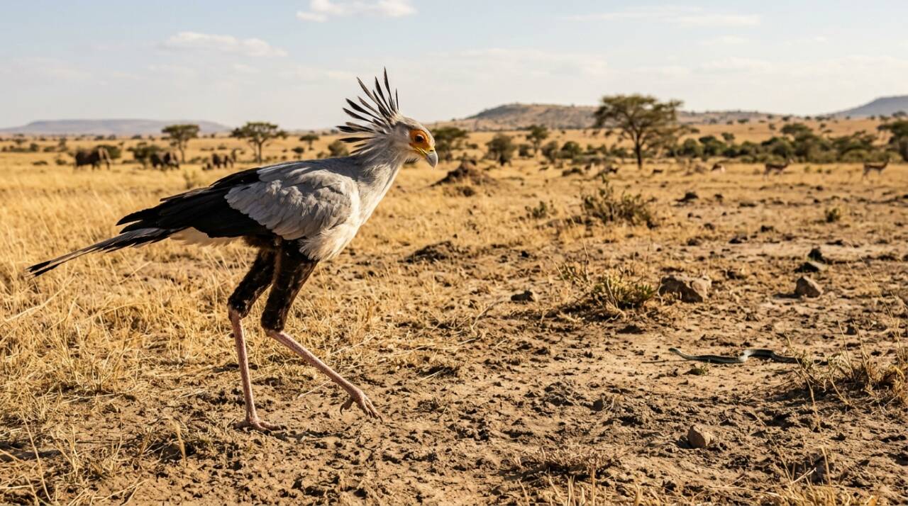 A ave-secretária ganhou reconhecimento mundial por sua capacidade de enfrentar algumas das serpentes mais perigosas do continente africano.