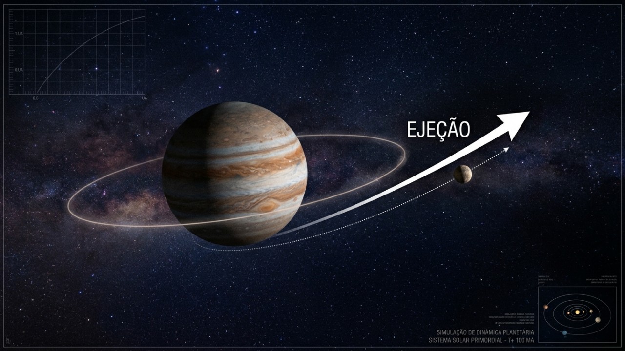 A instabilidade gravitacional dos planetas gigantes moldou a atual arquitetura do Sistema Solar. – Imagem gerada por IA