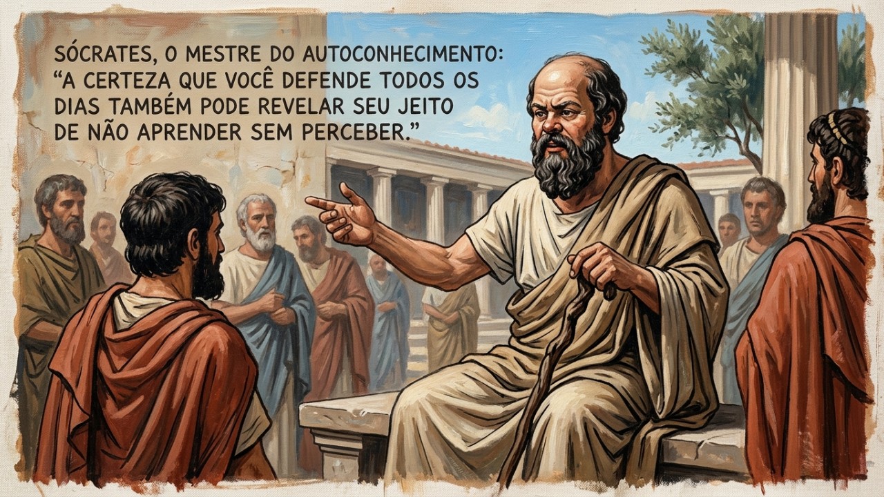 Admitir a própria ignorância diante das falsas certezas das redes sociais é o primeiro passo para uma verdadeira evolução mental. – Imagem gerada por IA